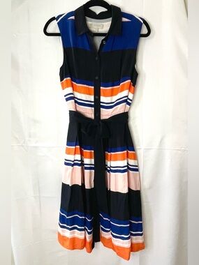 Hobbs London Striped Shirt Dress – Pleated Skirt – Belted – Size US 6 / UK 10